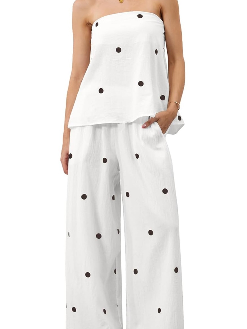 Women's White Wide-Leg Polka Dot Pants